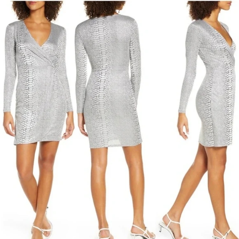French Connection Silver Long Sleeve Snake Jacquard Dress Size 2